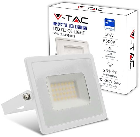 V-TAC Foco LED Exterior 30W [Altas Prestaciones] Blanco - 2510 Lumen - IP65 - Proyector LED Exterior en Aluminio para Hogar, Jardín, Patio, Parque Garaje - Resistente Agua - Luz Blanco Frío 6500K