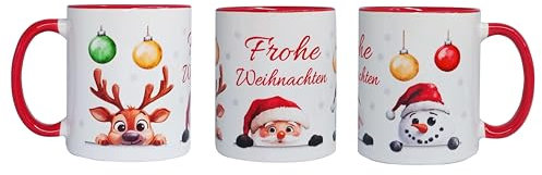 HD PRINT4YOU Weihnachtstassen, Tasse Weihnachten Teetasse Weihnachtstasse Glühweintasse Wichtel Tasse Wichtelgeschenk Christmas Mug Rot-Weiß, mit Rentier-, Schneemann- und Weihnachtsmann-Motiv