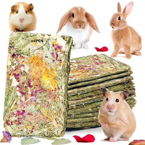 YTSKJ Juguetes para Conejos(Paquete De 10), Juguete Masticable para Conejillos De Indias, Chips De Heno Timothy con Flores De Hierbas, Bocadillos para Hámster, Chinchillas, Jerbos Y Dientes para