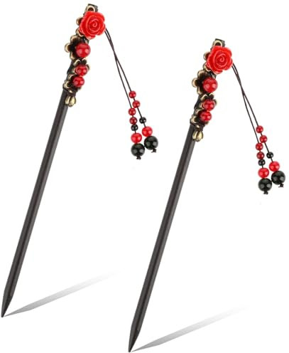 Lot de 2 baguettes à cheveux chinoises en bois pour femme - Style rétro - Épingles à cheveux classiques japonaises faites à la main - Accessoires pour cheveux longs