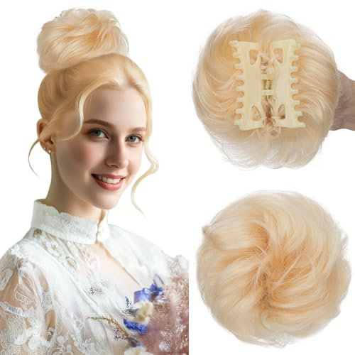 Silk-co Haarteile Echthaar mit Klammer, 42g Dutt Haarteil Gelockt Haargummi mit Haaren, Haarschmuck Damen Messy Bun Haarteil, #613 Bleichblond