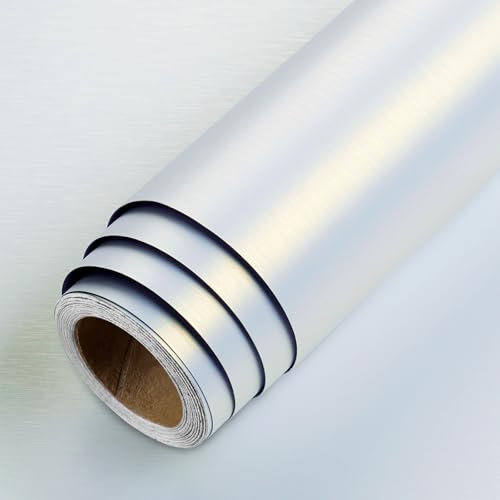 LaCheery Papier Peint Blanc Uni Metallique 60cm x 400cm Papier Adhesif pour Meuble Cuisine Blanc Brillant Vinyle Revetement Adhesif Meuble Imperméable pour Armoire Porte Salon Film Adhésif Inox Brossé