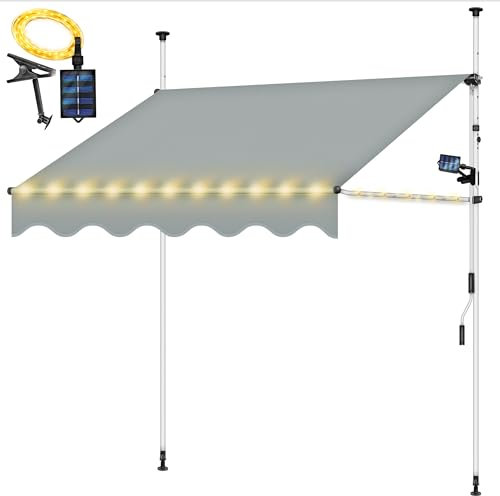 tillvex Klemmmarkise 300cm Hellgrau mit LED & Handkurbel Balkon | Balkonmarkise ohne Bohren | Markise UV-beständig & höhenverstellbar | Sonnenschutz wasserdicht (Hellgrau mit LED, 300cm)