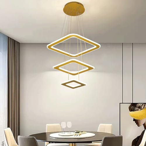 LED Höhenverstellbarer Pendelleuchte, Moderne LED Pendelleuchten Esszimmerlampe Dimmbar mit Fernbedienung Esstischlampe HäNgend Hängelampe Esstisch Pendellampe für Wohnzimmer Büro (Golden, Quadrat)