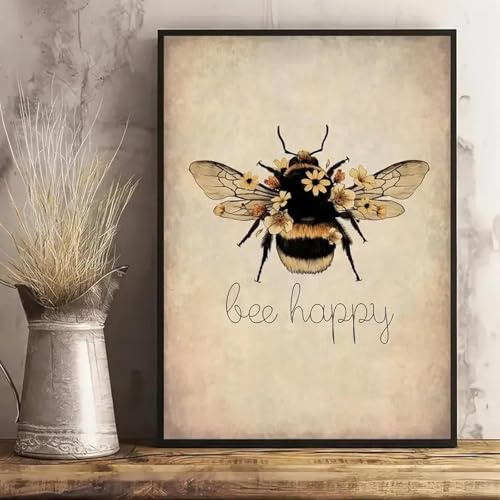 ZHUOYA Leinwandposter, Bee Happy Print – Bee Kind, Bee Yourself, Naturdruck, Wandkunst für Bienenliebhaber, für Wohnzimmer- und Schlafzimmer-Dekor, 30 x 50 cm, rahmenlos