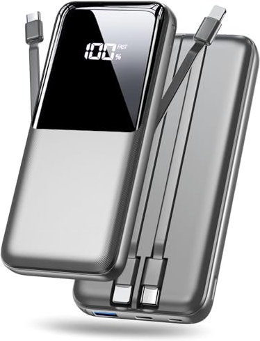 Power Bank 15000mAh, Portable Charger with Built-in Cables, USB C Fast Charging Powerbank 3 Ports External Battery Pack Compatible with iPhone 16 15 14 13 Android and more, Gray