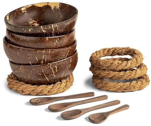 Vobumix Coconut Bowl with Spoon and Stand - Set of 4 Coconut Shell Bowls + Wooden Spoon and Anti-shake Stand Serving Bowls for Salad