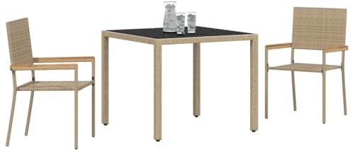 vidaXL Garden Dining Set 3 pcs Beige Poly Rattan, Stylish Outdoor Dining Set, Rectangular Garden Furniture, Modern Poly Rattan Patio, Durable Steel Frame Table, Acacia Armrest