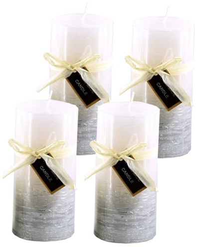 Stumpenkerze, handgemacht 14 x 6,8 cm (4er Set) Weiss-Silber-Metallic - Kerze für Adventskranz, Kerzen