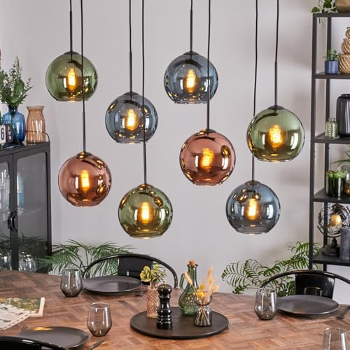 HOFSTEIN Hängeleuchte Koyoto, 8-flammige Hängelampe aus Metall/Glas in Schwarz/Blau/Grün/Kuperfarben, moderne Pendelleuchte im Retro/Vintage-Design (Schirme 20 cm), E27, Esszimmer, Küche, Wohnzimmer
