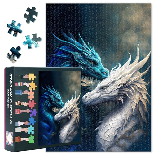 Puzzle für Erwachsene 1000 Teile - Mystischer Blauer EIS-Drache & Weißer Licht-Drache im epischen Duell, Premium Puzzle 1000 Teile für Erwachsene (50x70cm)