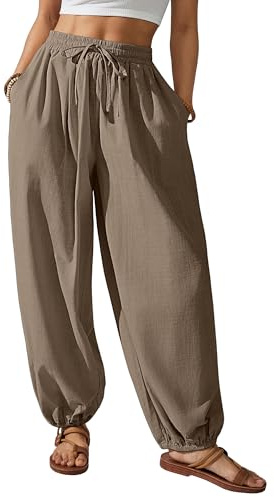 Bsubseach Womens Cotton Harem Pants Elastic Waist Baggy Pant Drawstring Balloon Trouser Loose Beach Pants with Pockets Coffee L