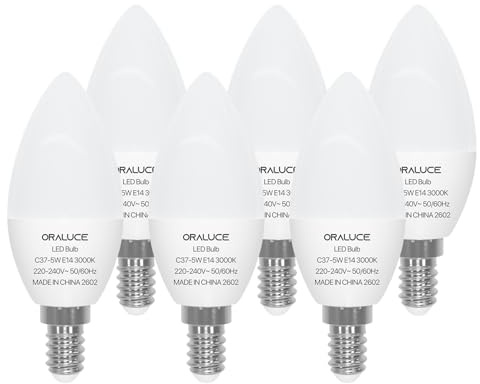 ORALUCE E14 LED Warmweiss kerzenform 5 Watt, 3000K Glühbirne E14, 6 Stück | Ersetzt 40 Watt Glühlampe, 450LM C37 LED Lampe, 160° Abstrahlwinkel, Nicht Dimmbar, für Kerzenleuchten