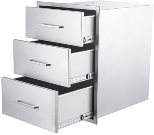 GarveeHome Gastro Küchenschrank Edelstahl mit Schubladen, Schubladenschrank 46 x 45 x 61cm mit 3 Schubladen, Grillinsel-Schubladen für Außenküchen mit Arbeitsfläche