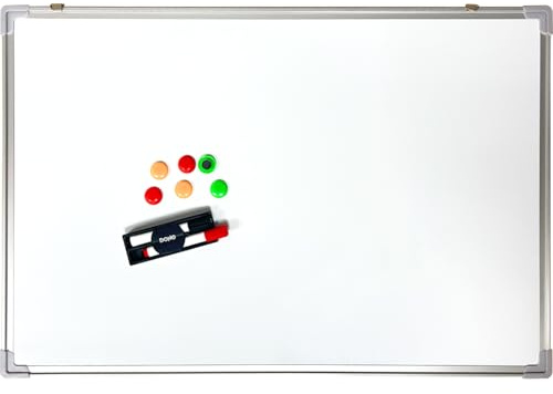 Dohe - Pizarra Magnética 90x60 cm - Accesorios: 2 Rotuladores, 6 Pines de Colores, Borrador y Bandeja, Tablero Imantado Color Blanco, Borrado en Seco, Marco de Aluminio