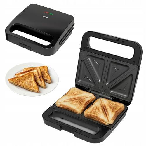 huslog Sandwichmaker SimpleBite 800W - Sandwich Toaster für 2 Toasts, Antihaftbeschichtung, Dreieckplatten, schnelles Aufheizen 2 Min., Automatik-Thermostat 140–210°C, LED-Kontrollleuchten, Cool-Touch