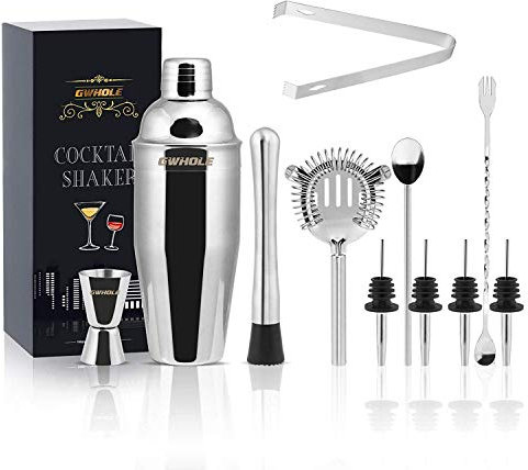 Gwhole Set di 11 Shaker per Cocktail, Set da Cocktail, Kit da Barman in Acciaio Inox con Ricette (e-Book) in Elegante Scatola Regalo