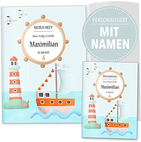 OLGS U-Heft und Impfpasshüllen 3-teiliges Set Auf Hoher See | Untersuchungsheft Hülle & Impfpasshülle personalisierbar mit Namen und Geburtsdatum (U-Heft Set 3-teilig personalisiert, Ahoi Rudy)