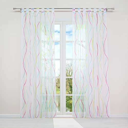 HongYa 1 Stück Voile Gardine Transparenter Vorhang mit Schlaufen Wellen Druck H/B 225/140 cm Bunt Blau