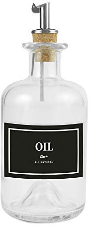 Lifestyle Lover Ölivenöl und Essig Spender, Apotheker Glasflasche mit Ausgießer aus Edelstahl für Öl & Essig (Oil Schwarz/Weiß, 350ml)