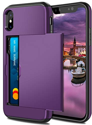 Coolden for iPhone XS Case Wallet Case Shockproof Heavy Dutye Protective Case Hard Back Rubber Bumper Card Holder Slot Wallet Case Cover for iPhone XS/iPhone X (Purple)
