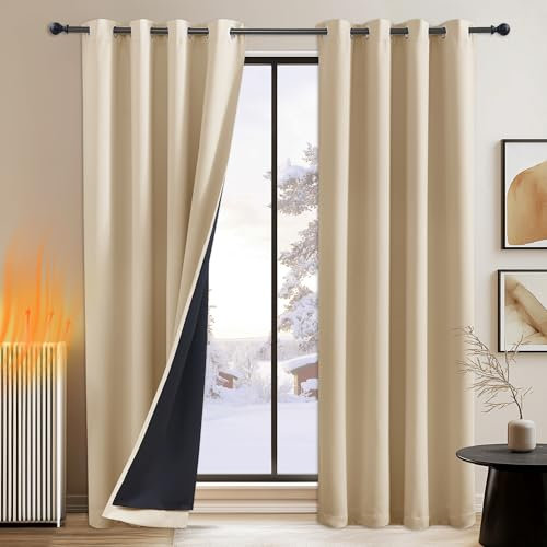 PONY DANCE 100% Verdunklungsvorhänge Beige Ösenvorhang 2er Set Abdunkelnde Gardinen Schlafzimmer Thermovorhang gegen Hitze Doppellagige Blickdichte Vorhänge, H 260 x B 140 cm, Biscotti Beige