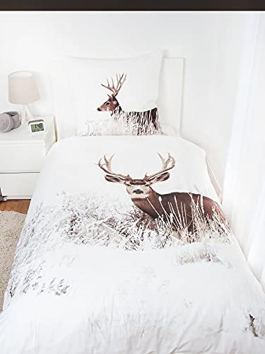 Klaus Herding GmbH Flanell Bettwäsche Set Winterlandschaft Hirsch weiß 2tlg. Biber 155x220 cm Übergröße