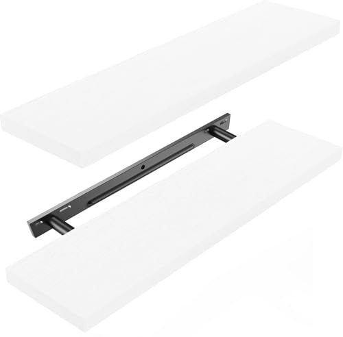 Amada Wandregal 60 cm mit unsichtbaren Halterungen, 2er-Set, Weiß | Schweberegal mit verdeckten Metallhalterungen für Bad, Schlaf- und Wohnzimmer, je Brett bis 10 kg, einfache Montage