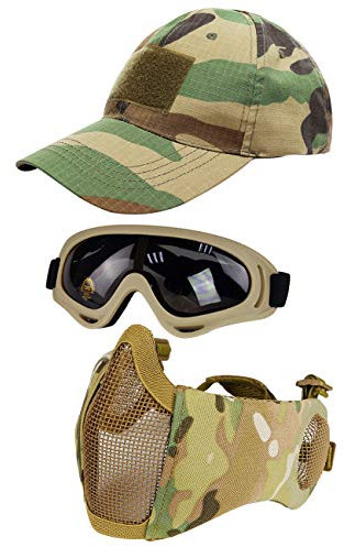 Hodeacc Taktische Maske, Baseballkappen-Set, Verstellbare Halbgesichtsmaske Mit Ohrenschutz, Airsoft-Brille, Augenschutz, Outdoor-Hut für BB/CS-Spiele, 3 Stück