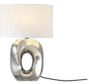 KHG Tischlampe weiß-chrom | Fassung: E27 | 21,0cm x 53,5cm Tischleuchte Stoffschirm oval Glamour Tischleuchte | Lampenschirm aus Stoff - Gestell aus Keramik