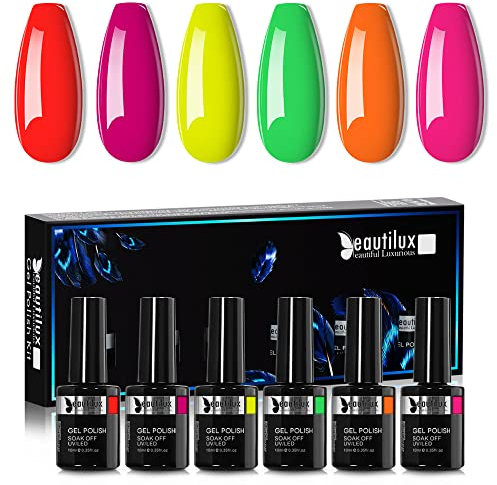 Beautilux UV Nagellack Neon, 6 Farben 10ml Soak Off Gel Nagellack Set für Home-Maniküre Nail Art Maniküre (Neon Serie)