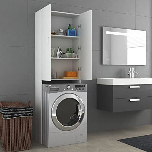 Susany Washing Machine Cabinet Over Toilet Cabinet Freestanding Washing Machine Rack with 2 Doors and 3 Shelves Bathroom Laundry Storage Organiser Cupboard White 64x25.5x190 cm