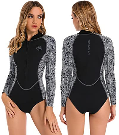 Seaskin Womens Wetsuit One Piece Long Sleeves Shorty Diving Suit Front Zip Wet Suits for DivingSnorkeling Swimming Surfing (Small, Black)