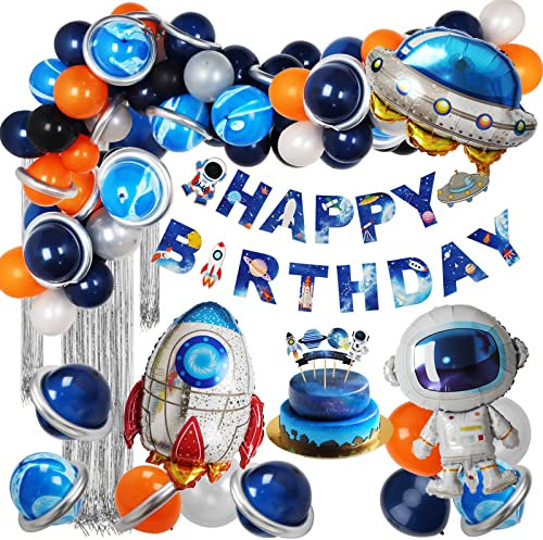 ZERODECO Weltraum Deko-Set zum Geburtstag, Space Kindergeburtstag Partydeko Happy Birthday Banner UFO Astronaut Rakete Folienballon Luftballons Tortendeko für Kinder Junge Mädchen Geburtstagsparty