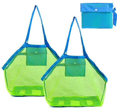 Strandspielzeug Tasche,2 Stück Sandspielzeug Mesh Beach Bag, strandtasche strandspielzeug tasche,Faltbare Sandspielzeug Netztasche für Familie Urlaub