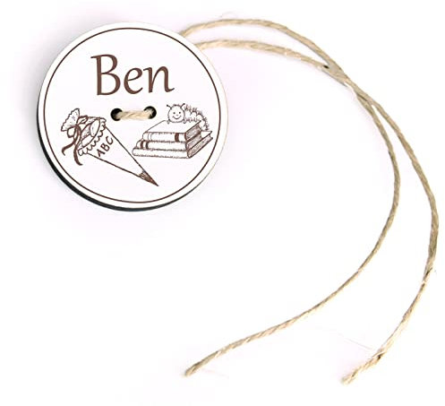 Schultüten Anhänger mit Name und Bücher Raupe Motiv - Kinder Geschenk Einschulung Schulanfang Zuckertüte Deko Ø 5 cm