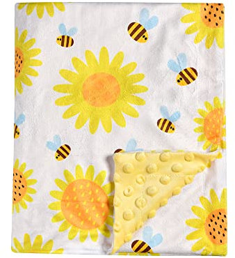 Babydecke, superweich, Minky-Decke, gelbe Bienen- und Sonnenblumen-Decke mit gepunkteter Rückseite, für Neugeborene, Kinderzimmer, Kinderwagen, Kleinkinder, Kinderbettwäsche, für Jungen oder Mädchen,