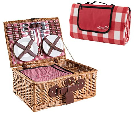 eGenuss Set Handgefertigtes 1 Picknickkorb für 4 Personen mit Kühlfach und Zubehör + 1 wasserdichte Picknickdecke | Rot