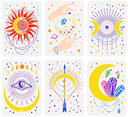 FINGERINSPIRE 6PCS Alchimie Sorcières Symbole Peinture Pochoir 29.7x21cm Évider Soleil Lune Étoile Dessin Pochoir Réutilisable Diamant Oeil Flèche Pochoirs pour DIY Scrapbook, Album Photo, Mur