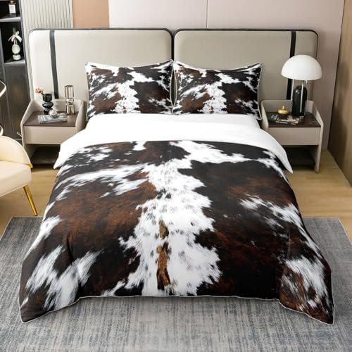 Baumwoll-Bettbezug mit Rindslederdruck (keine Bettdecke) für Kinder und Erwachsene, braun-weißes Kuhfell-Muster, Bettwäsche-Set für Doppelbett, rustikaler Bauernhaus-Stil, Wildtier-Bettbezug, 2-teilig