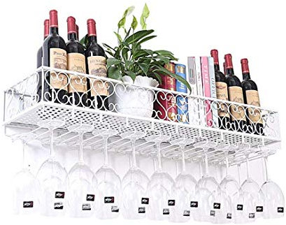MAZAGE Porte-Bouteille de vin Porte-Verre à vin Suspendu Porte-Bouteille de vin Vintage Cave à vin Rustique avec étagère de Rangement pour casier à vin (Blanc), 120 × 25 × 1 Needed