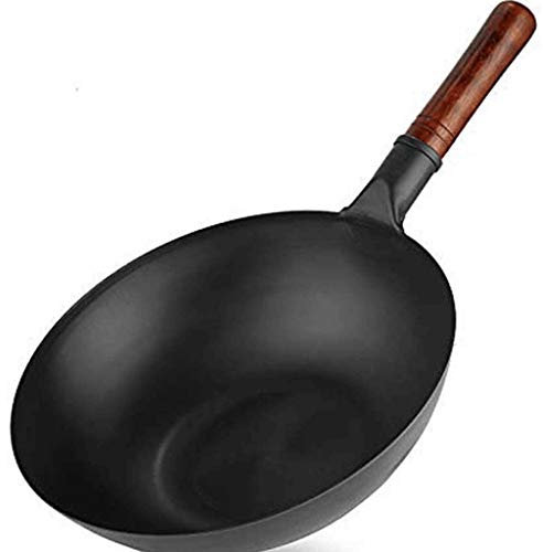 OQHAIR Wok-Pre Seasoned Carbon Steel Pow Wok Red ELM Sartén Tradicional martillada a Mano para saltear con ayudante Mango de Madera 32cm