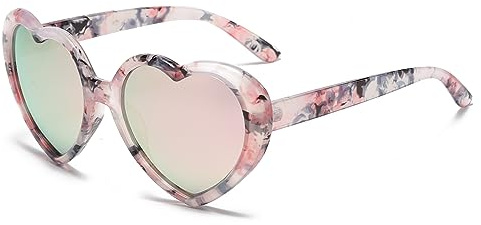 YUELUQU Herz Sonnenbrille Damen Herren Polarisierte 90er Vintage Festival accessoires Party brille (Floral-Spiegel pink)