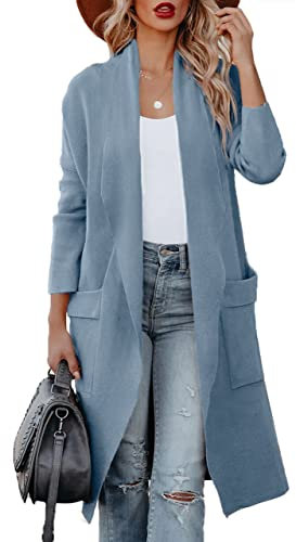 Maavoki Strickjacke Damen, Langarm Offene Front Cardigan mit Tasche, Casual Lange Einfarbig Strickmantel Hellblau, M
