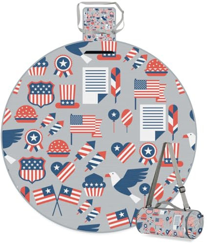 TropicalLife Unabhängigkeitstag USA Runde Picknickdecke USA Wasserdicht Faltbar Indoor Outdoor Matte Teppiche für Strand Camping Park Familientreffen Aktivitäten