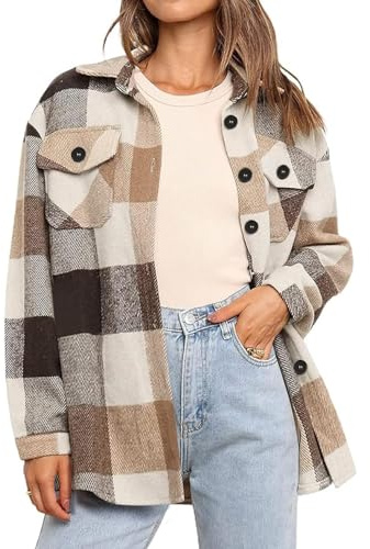 Zeagoo Chemisier Femme à Manches Longues Chemise à Carreaux Chemise Boutonnée Veste en Flanelle avec Boutons Mi-Saison XS-XXL, Marron kaki., XS