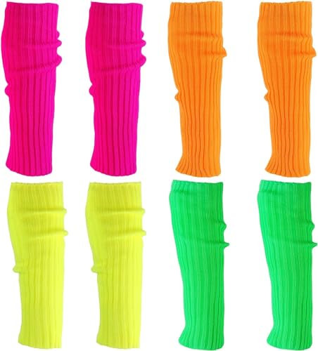 IMPPTE 4 Stück Stulpen Neon Damen 80er Strümpfe Gestrickte Stulpen 80er 90er Jahre Kostüme für Karneval Mottoparty Tanzen (Rose Gelb Grün Orange)