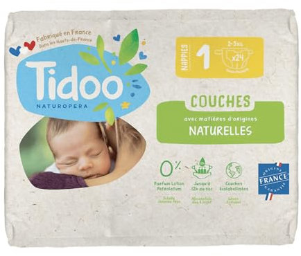 TIDOO- Couches écologique Taille 1 (2-5kg) - Origine Naturelle, sans substances nocives - 12h au sec, ultra absorbantes - Fabriquées en France - Pack naissance de 24 couches