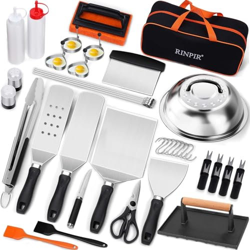 RINPIR 42pcs Griddle Accessories Kit for Blackstone, Flat Top Teppanyaki Spatula Set with Enlarged Spatulas, Melting Dome and Burger Press, Professional Hibachi Tools Gifts for Outdoor BBQ