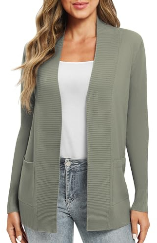 EXCHIC Leicht Damen Lange Ärmel V-Ausschnitt Lange Gestrickt Cardigan Gemütlich Offene Front Strickjacke mit Taschen